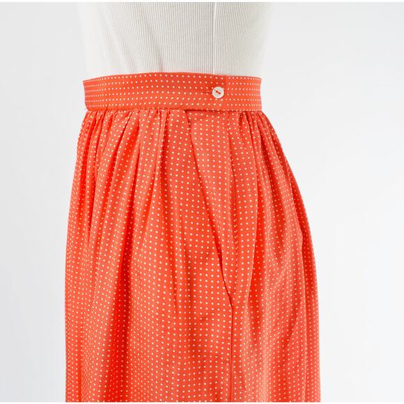 Vintage 80s Orange Polka Dot Silky Full Flowy Midi Length Skirt with Pockets S - Picture 5 of 6